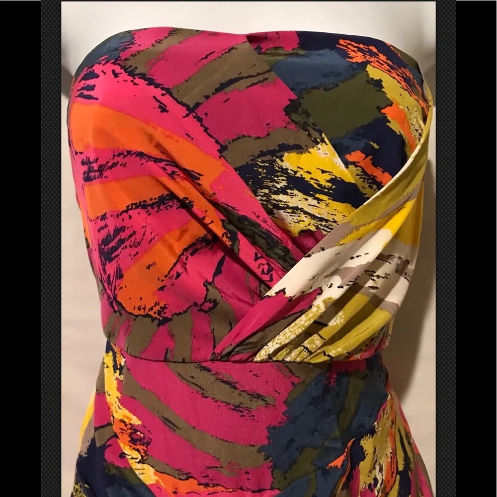 TIBI Strapless Dress Sergenti 100% Silk Twisted Colorful Mini Fitted Red Yellow